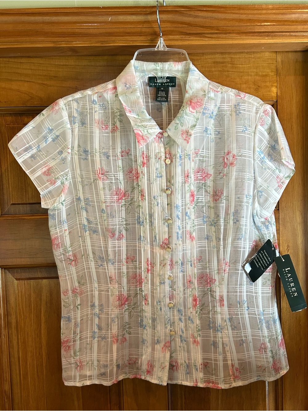 Lauren Ralph Lauren White Cap-Sleeve Floral Pintuck Button-Down Blouse